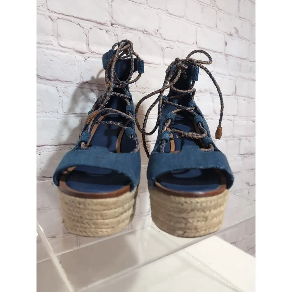 Tory Burch 8.5 Positano Platform Espadrille Heeled Lace Up Denim Blue